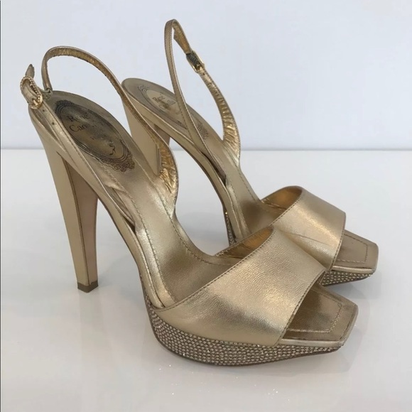 RENE CAOVILLA GOLD CRYSTAL PLATFORM SANDALS SIZE IT 37.5 /US 7.5 - Picture 5 of 17